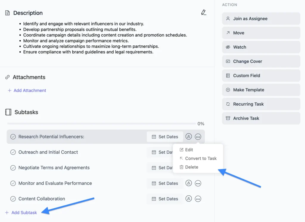 Add multiple subtasks to your task, each with its own set of options: